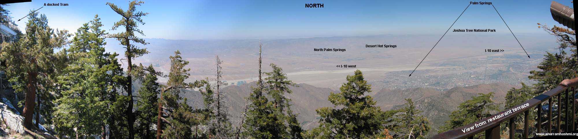 Another panoramic view of the Coachella Valley, this time from the restaurant terrace, about 20 feet below from Grubb's View point (above). This terrace gives a slightly better view of the Palm Springs area. Also note a glimpse of teh docked tram car on the extreme left-hand side.