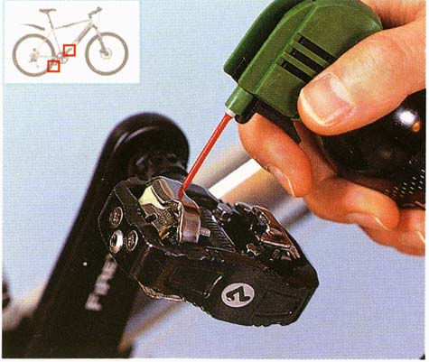Apply heavier, wet oil to lubricate the retention mechanism of clipless pedals after degreasing all the moving parts. The heavier oil will not wash off as easily as dry oil. Regularly clean off old oil with degreaser and apply new oil in order to prevent the accumulation of grit and the consequent increase in pedal wear.