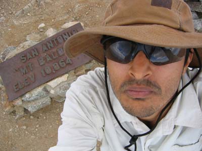 July 31, 2005: Summit of Mount Baldy (aka Mount San Antonio), Khurram on summit. I captured this image myself by holding the camera above me.